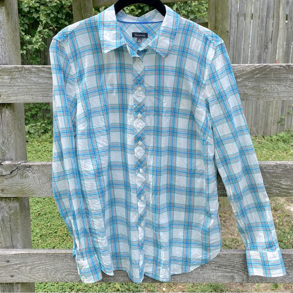Talbots Button Front Lightweight Cotton Blend Plaid Top